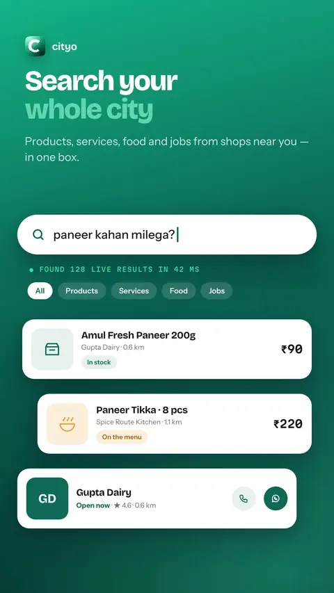 Cityo search for paneer showing a product, a dish and a shop near you.