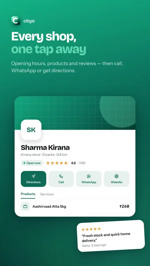 A shop page with directions, call, WhatsApp and website buttons, products and a review.