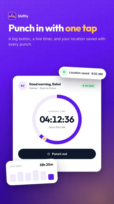Shiftly punch screen: a working-time timer, location saved at the punch, and a Punch out button.